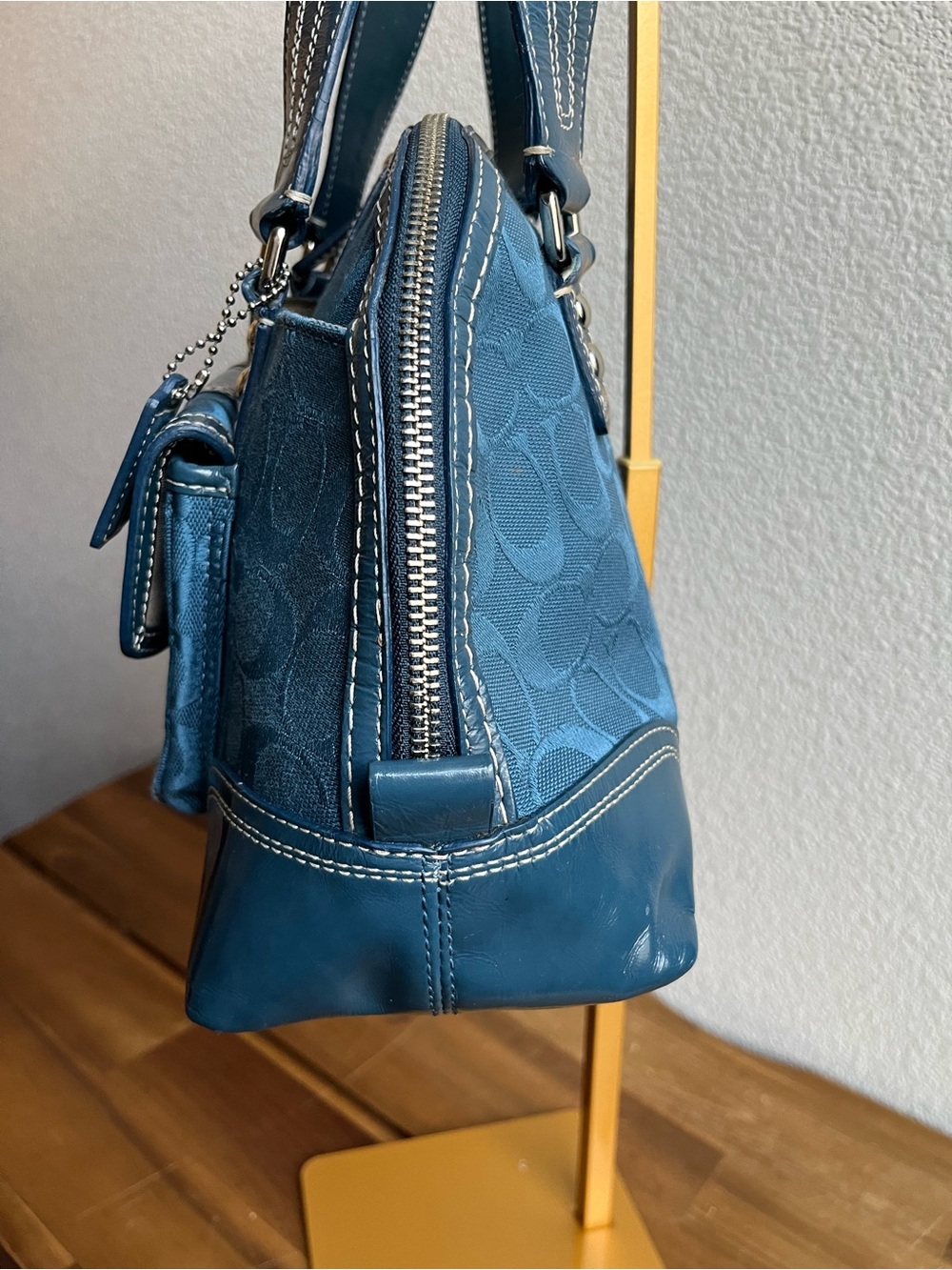 Coach Teal Signature Jacquard Satchel with Front Turn-Lock - Picture 16 of 16